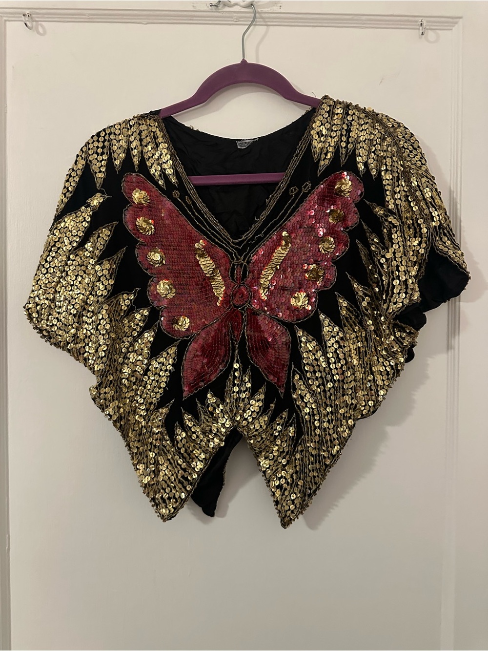 Vintage Black Crop Top with Red Sequin Butterfly and Gold Sequins